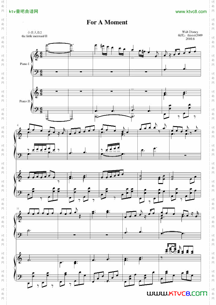 迪士尼【小美人鱼2】歌曲foramoment钢琴完整版