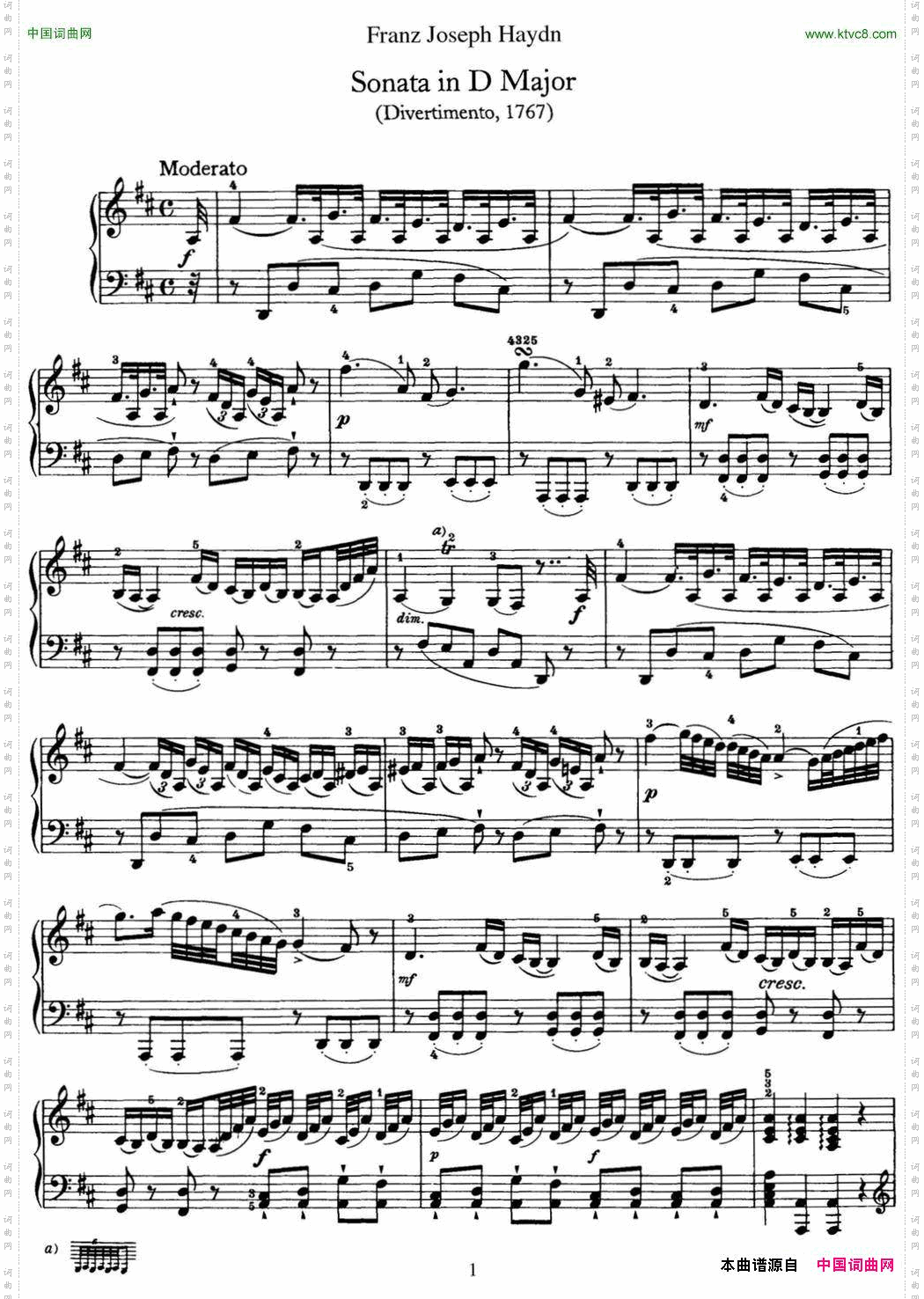 海顿钢琴奏鸣曲HobXVI19DivertimentoDmajor