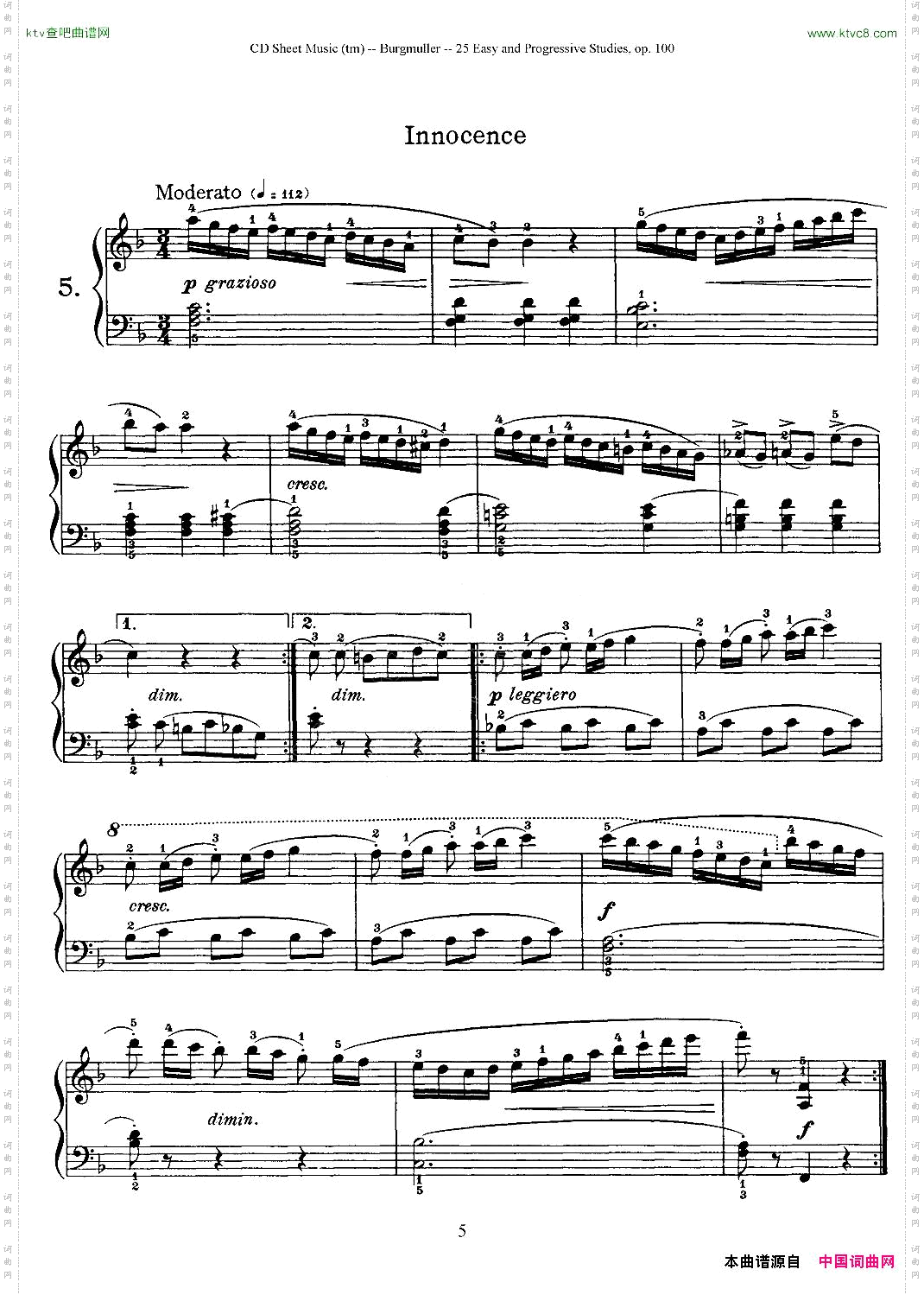 布尔格缪勒-25首钢琴进阶练习曲Op.1005、天真烂漫