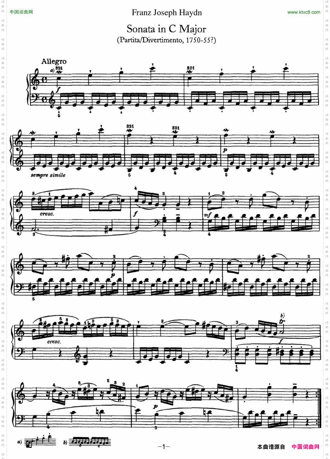 海顿钢琴奏鸣曲HobXVI1DivertimentoCmajor