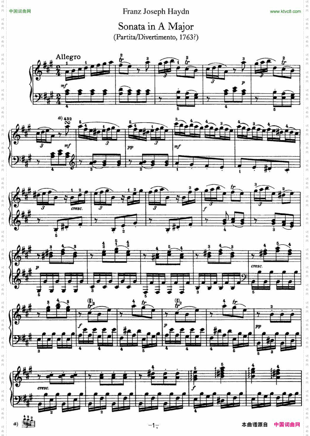 海顿钢琴奏鸣曲HobXVI5DivertimentoAmajor