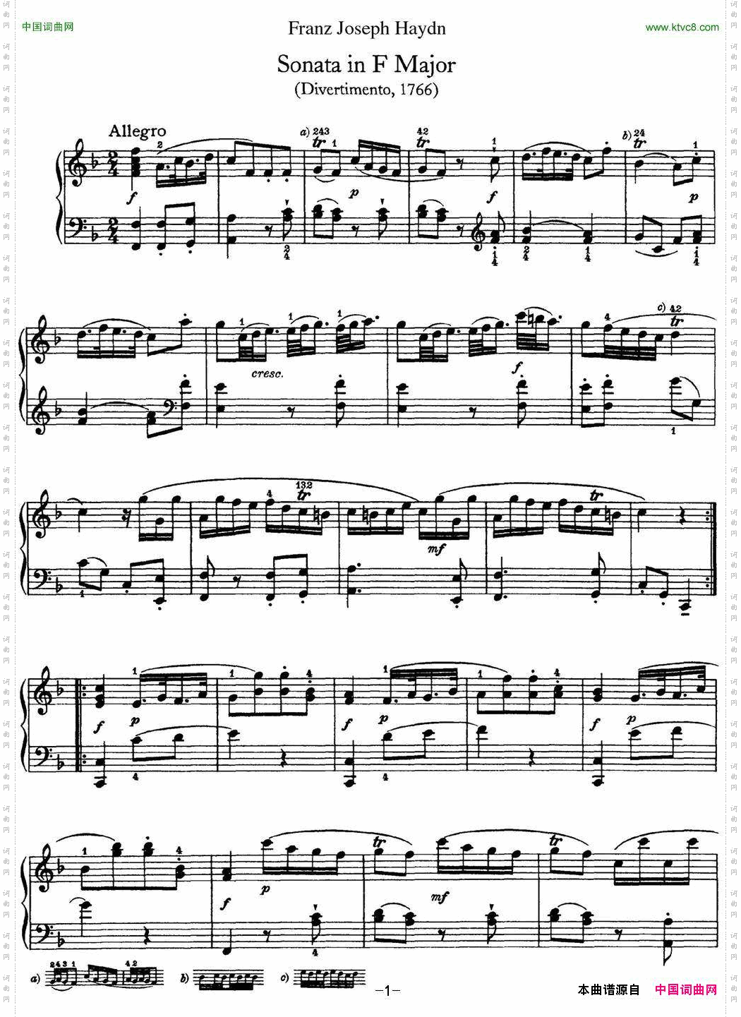 海顿钢琴奏鸣曲HobXVI9DivertimentoFmajor