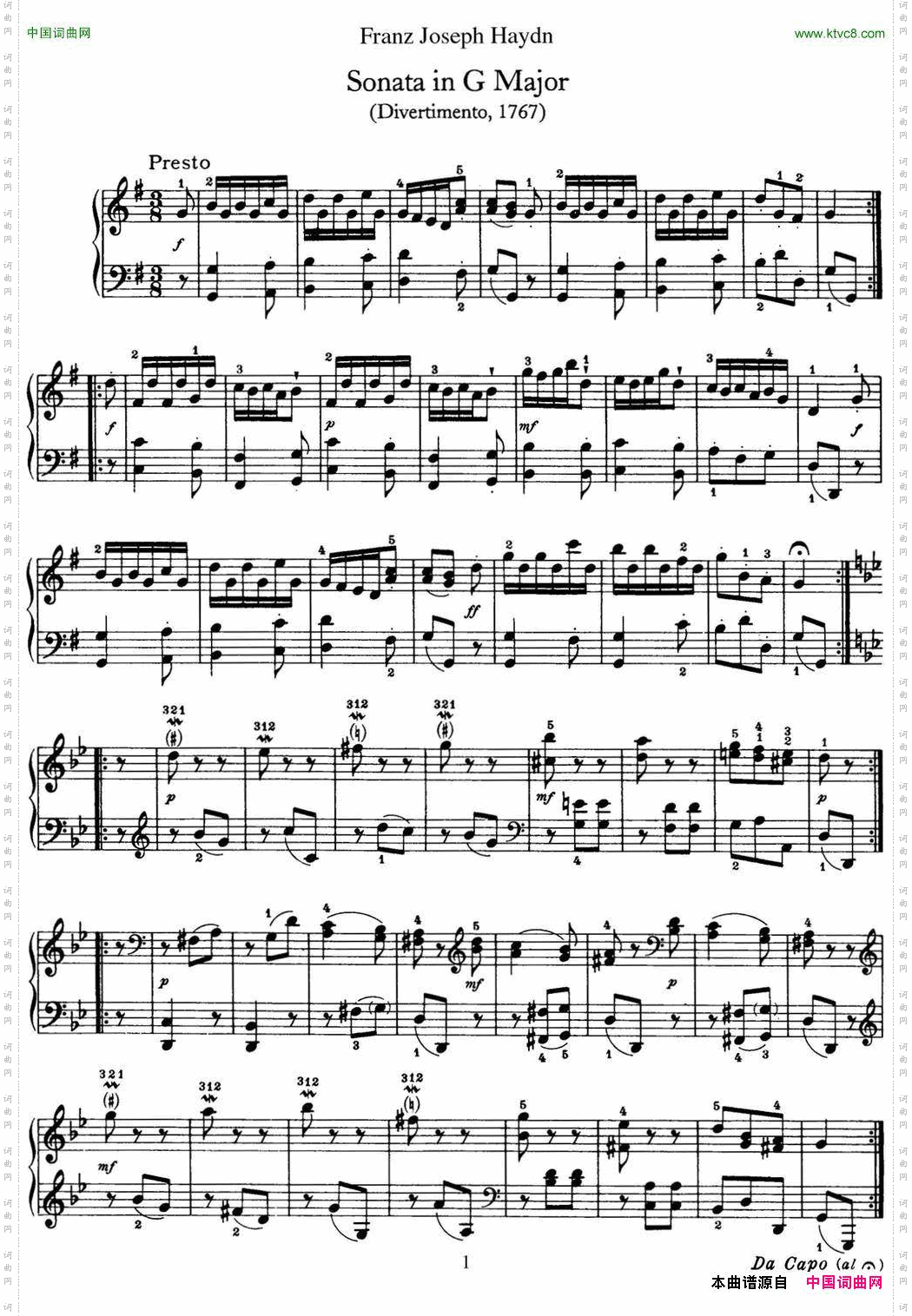 海顿钢琴奏鸣曲HobXVI11DivertimentoGmajor
