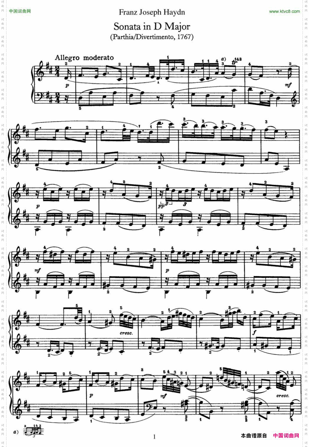 海顿钢琴奏鸣曲HobXVI14PartitaDmajor