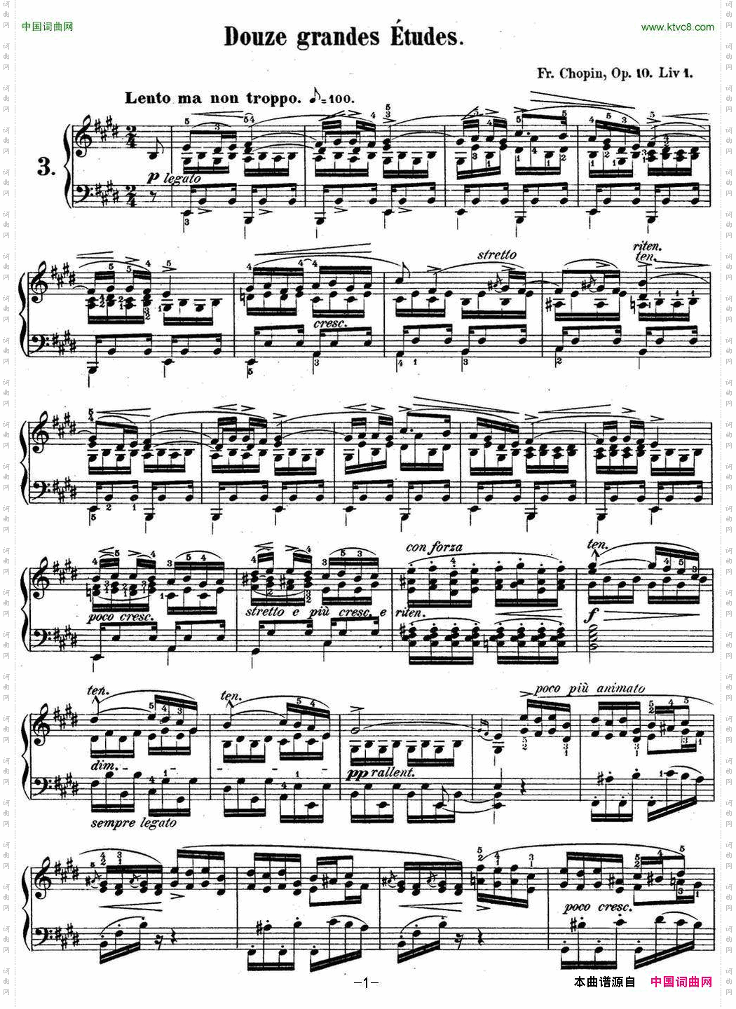 肖邦练习曲3Op.10No.3离别E大调EmajorTristesse