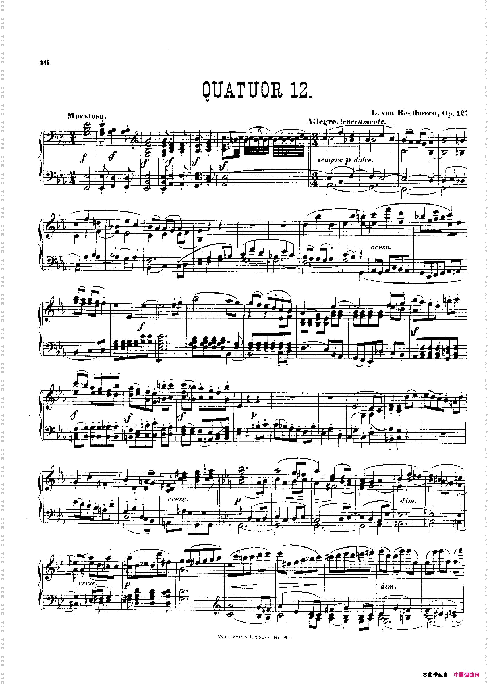 降E大调第十二弦乐四重奏钢琴独奏版