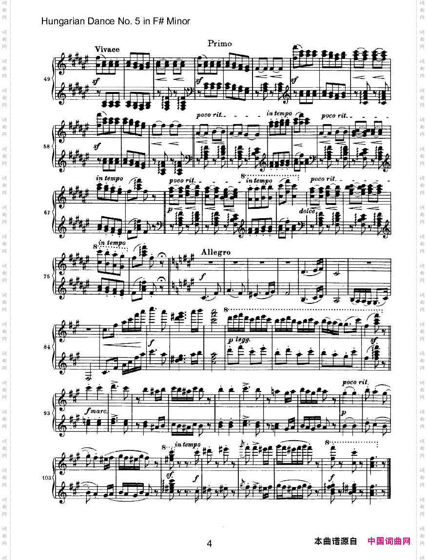 Brahms-HungarianDanceforfourhandsNo5inF#Minor