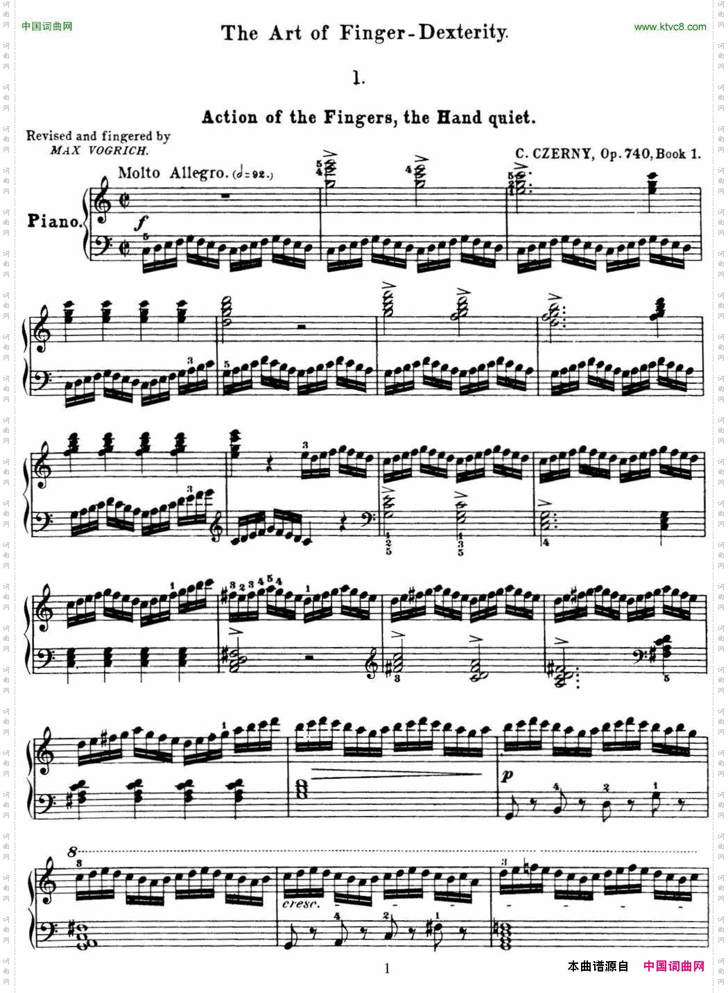 50首车尔尼Op.740钢琴手指灵巧技术练习曲NO.1