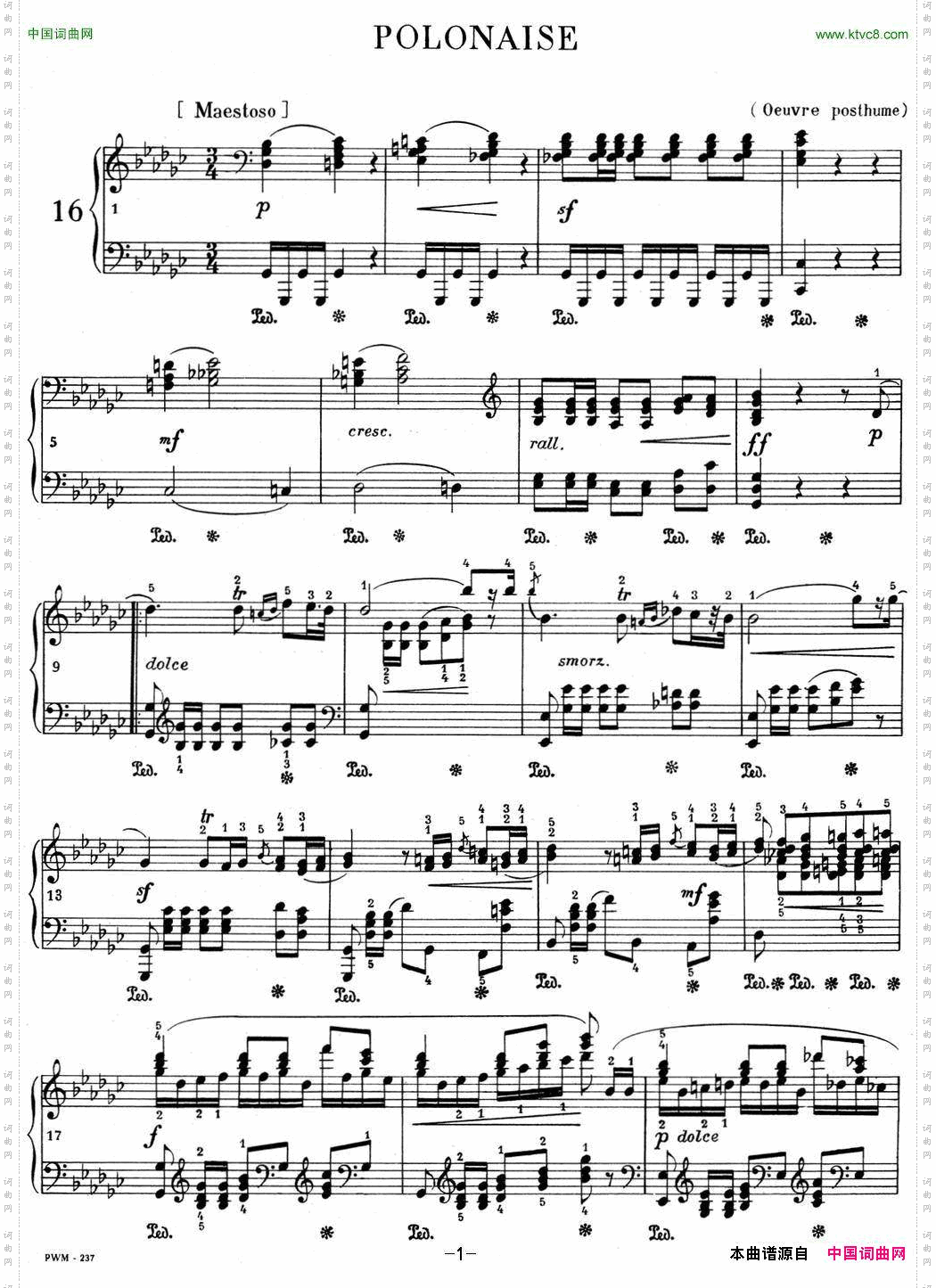 肖邦波兰舞曲Op.posth.P.1No.8降G大调