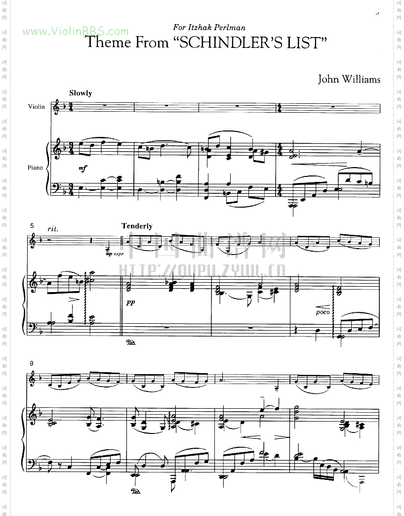 辛德勒名单约翰·威廉姆斯主题曲+钢琴伴奏谱