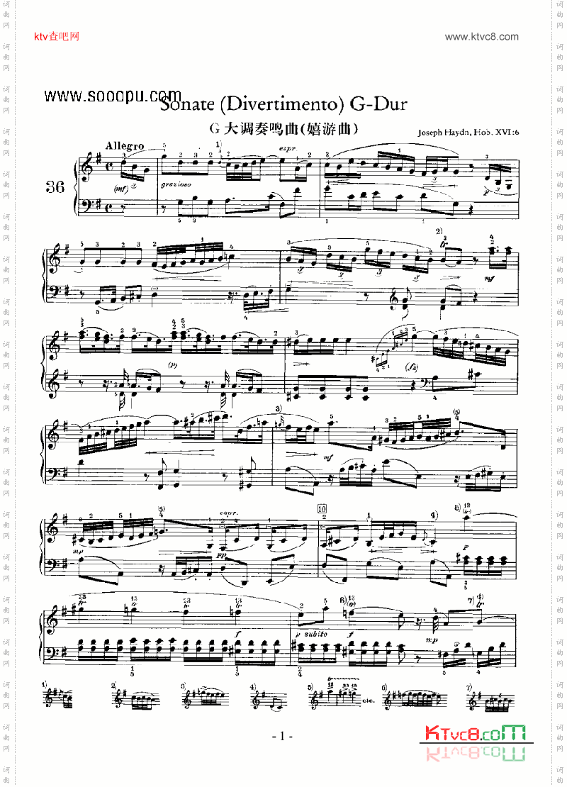 G大调奏鸣曲嬉游曲键盘类钢琴