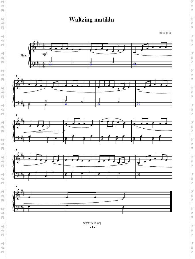 Waltzingmatilda简易钢琴谱