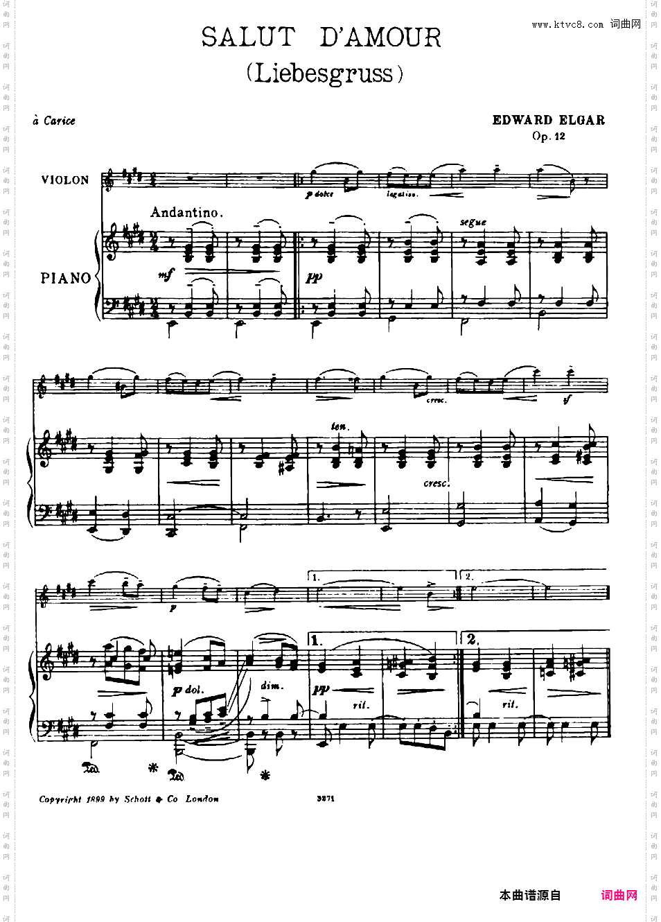 爱的礼赞 Salut d'amour Op·12Elgar op12 Salut d'amour vln+pno钢琴小提琴