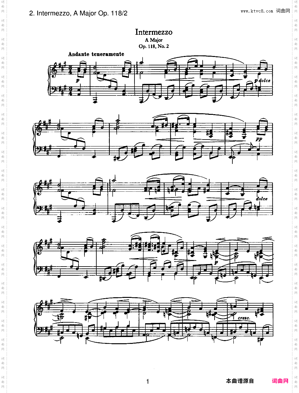 6首钢琴曲 6 Piano Pieces Op·118Brahms op118n2 Intermezzo in A