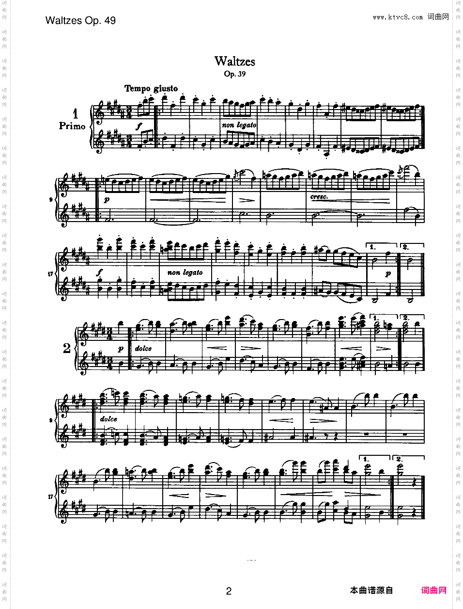 圆舞曲集16首Waltzes Op·39独奏版 四手联弹版 双钢琴版Brahms op039b Waltzes duet四手联弹版