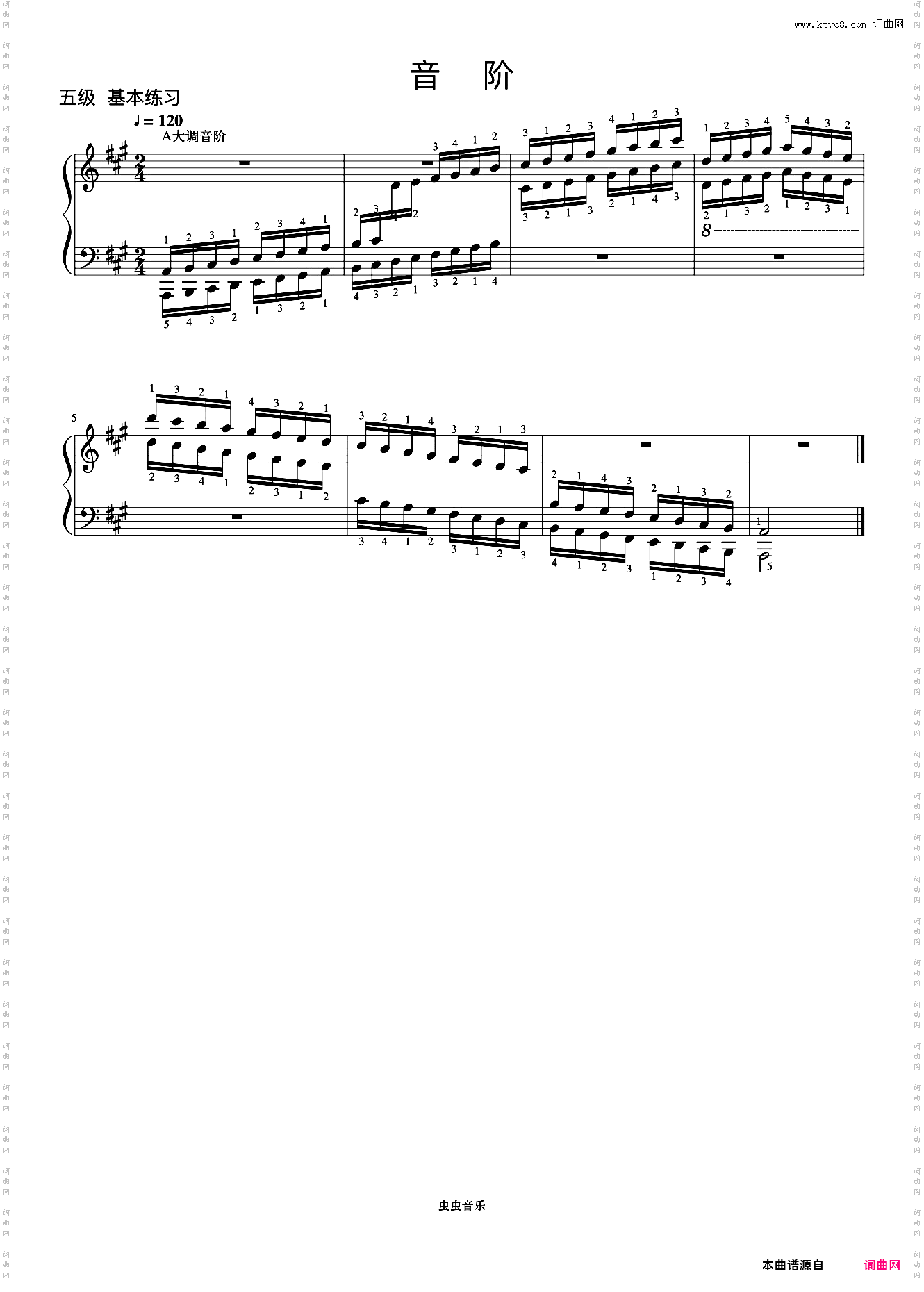 5级 A大调音阶《中央院钢琴考级曲目 1-6级》