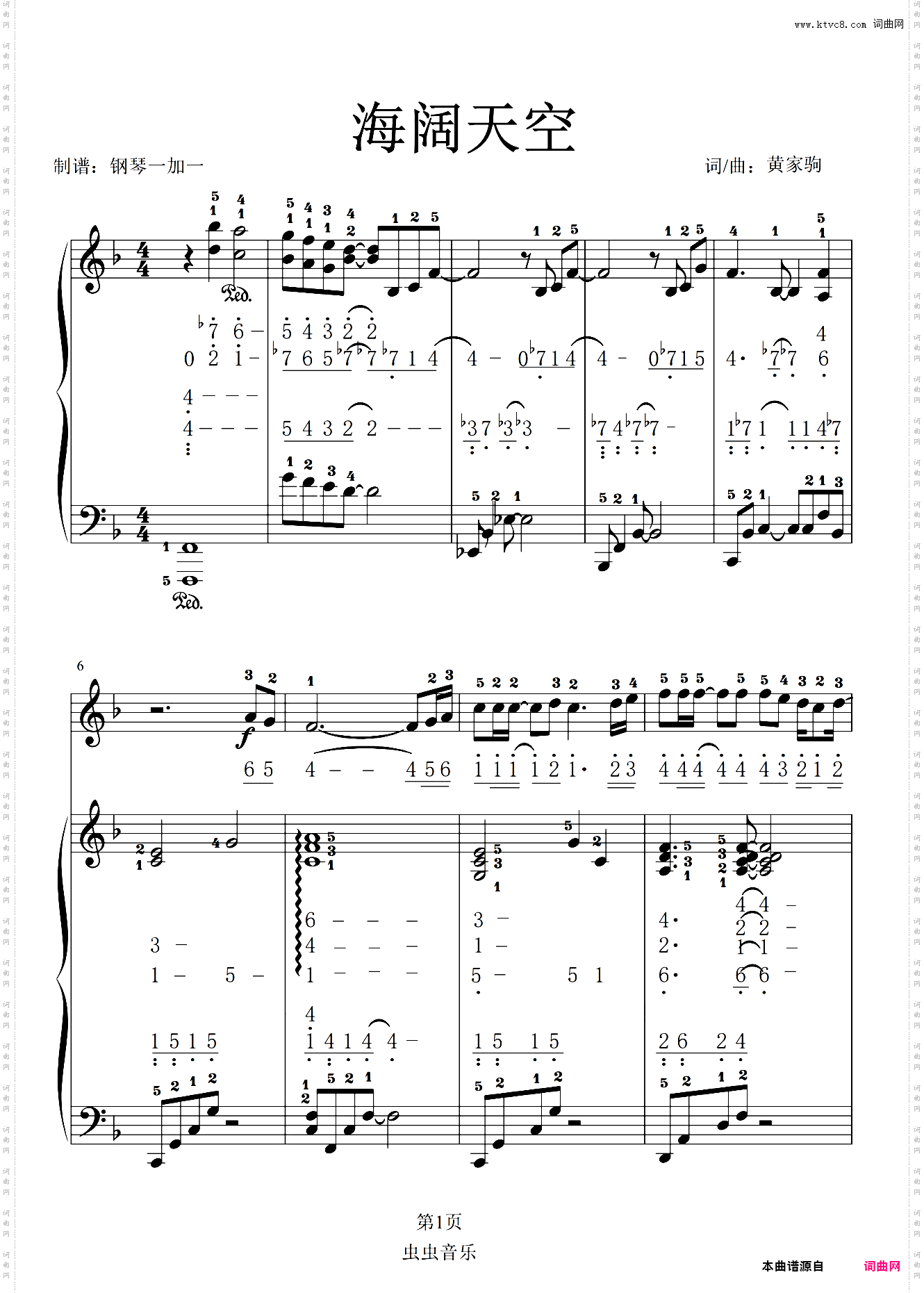 《海阔天空》弹唱乐谱双谱带指法钢琴一加一