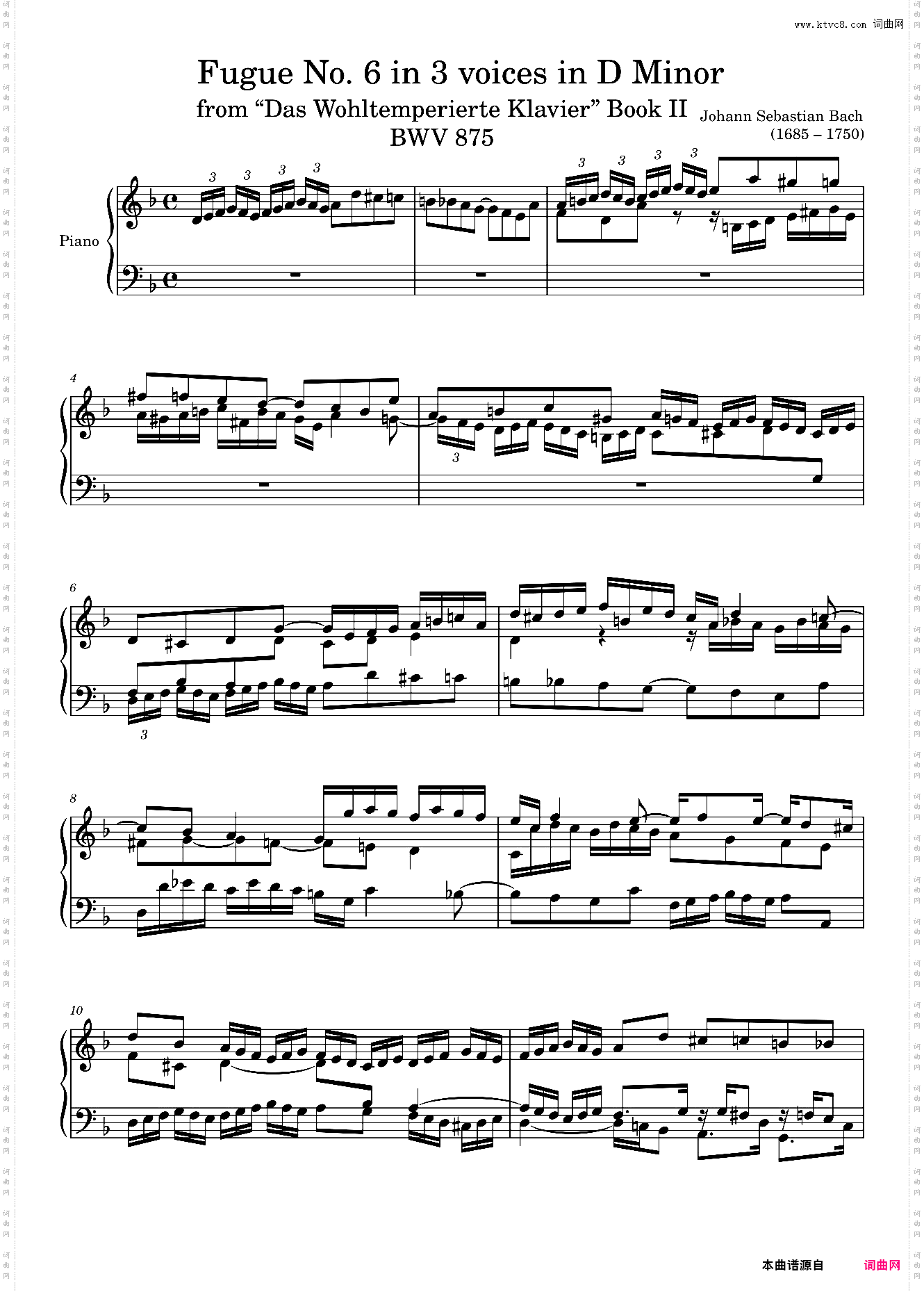 Fugue No· 6 BWV 875 in D Minor