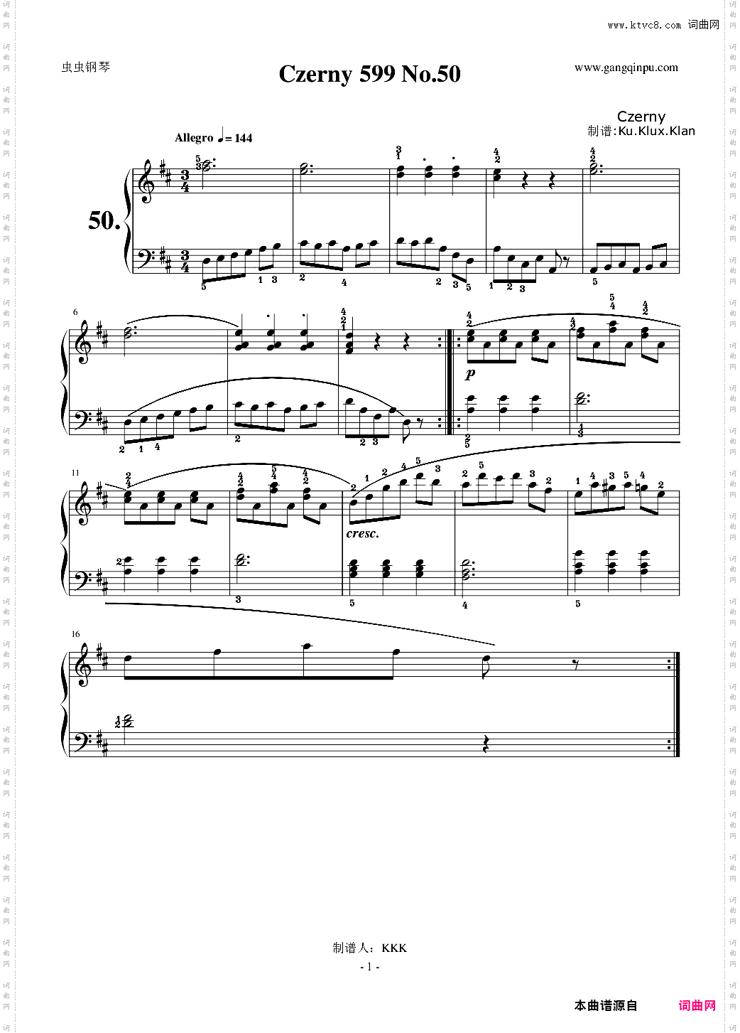 Czerny 599 No·50标注指法