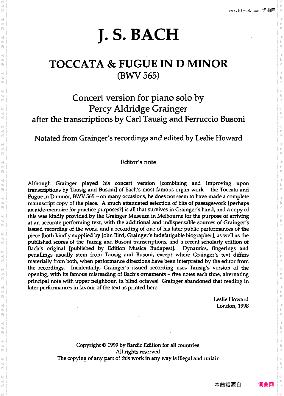 改编巴赫作品 Bach-GraingerBach-Grainger bwv565 Toccata in d after Busoni et al