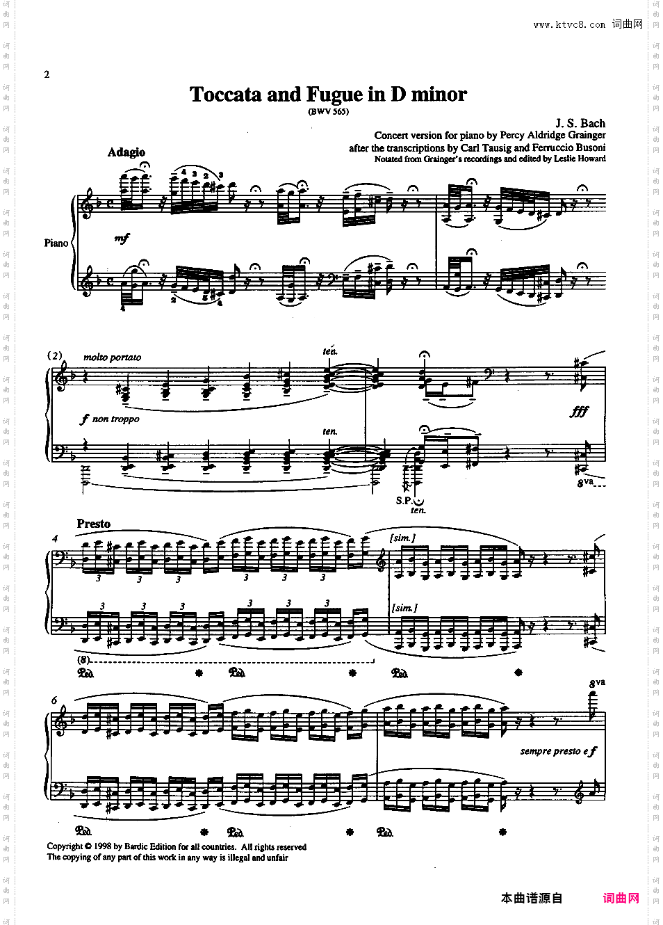 改编巴赫作品 Bach-GraingerBach-Grainger bwv565 Toccata in d after Busoni et al