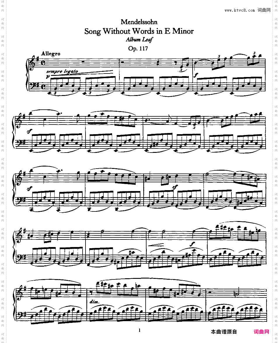 51首无词歌 Songs Without WordsMendelssohn op117 Song Without Words纪念册的一页