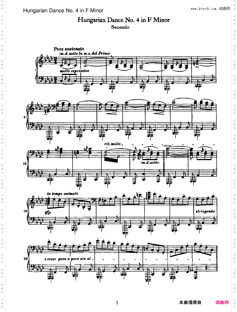 21首匈牙利舞曲 21 Hungarian Dances四手联弹Brahms Hungarian Dance 04 in f duet