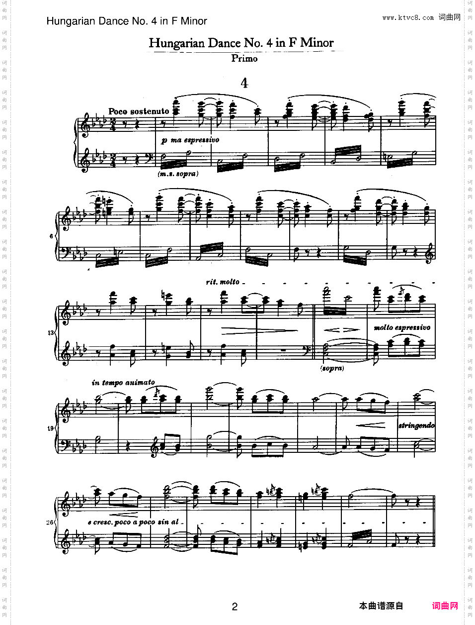 21首匈牙利舞曲 21 Hungarian Dances四手联弹Brahms Hungarian Dance 04 in f duet