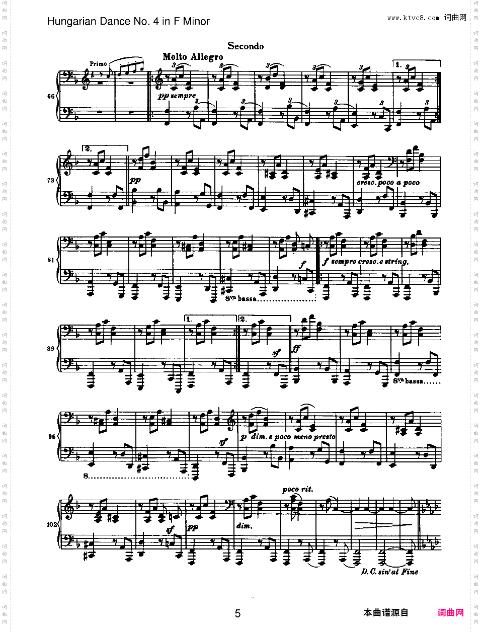 21首匈牙利舞曲 21 Hungarian Dances四手联弹Brahms Hungarian Dance 04 in f duet