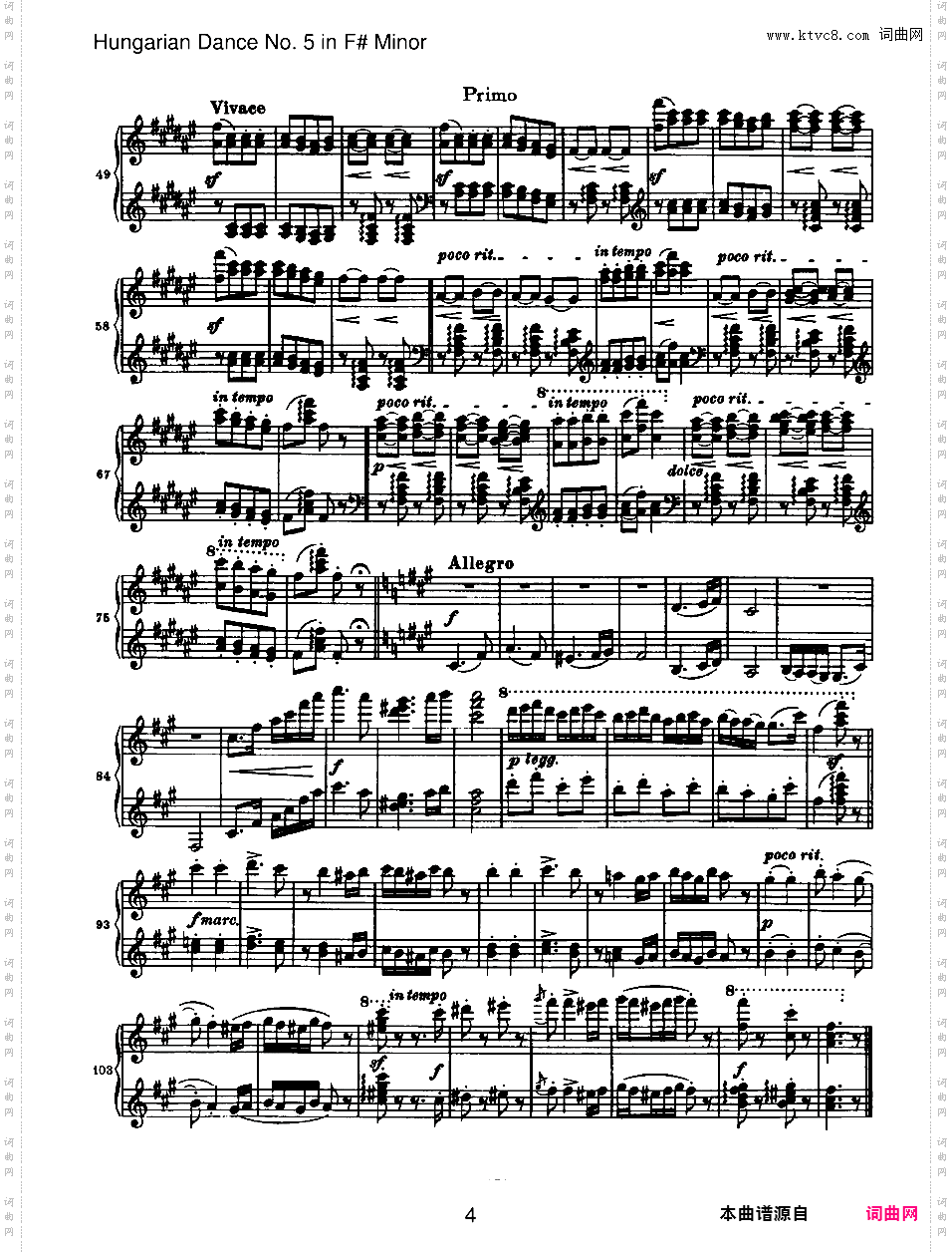 21首匈牙利舞曲 21 Hungarian Dances四手联弹Brahms Hungarian Dance 05 in f# duet