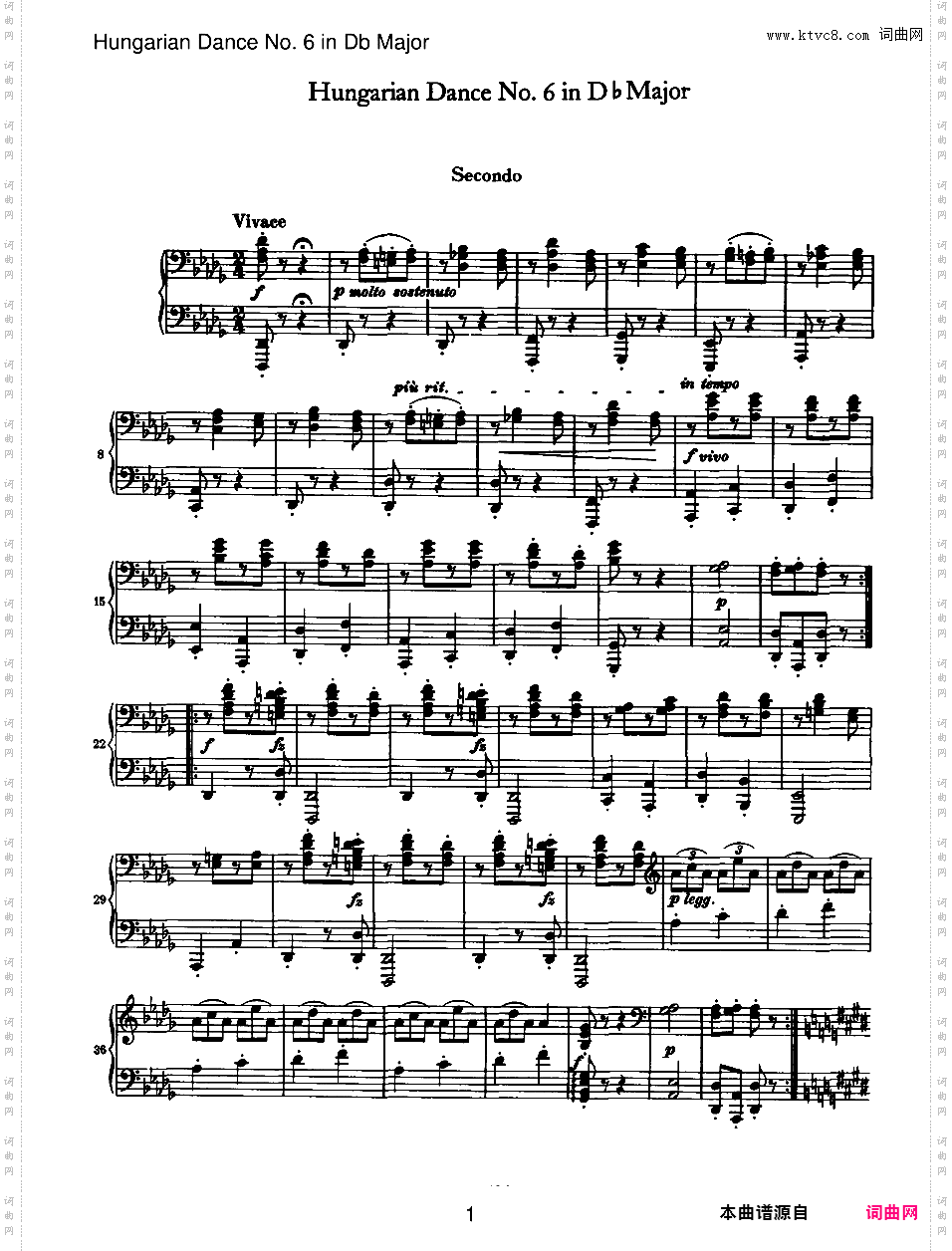21首匈牙利舞曲 21 Hungarian Dances四手联弹Brahms Hungarian Dance 06 in Db duet