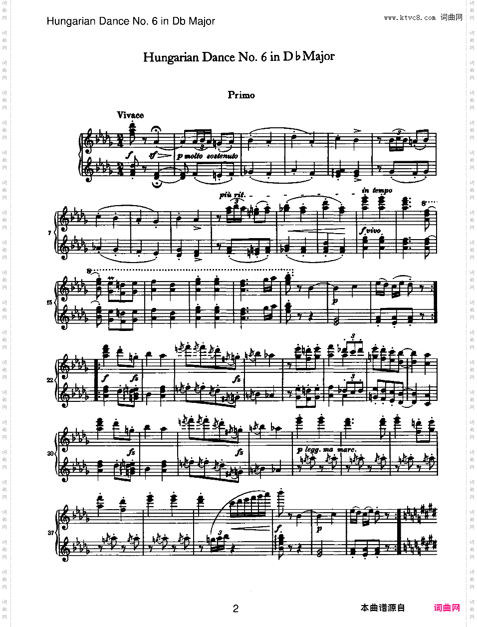 21首匈牙利舞曲 21 Hungarian Dances四手联弹Brahms Hungarian Dance 06 in Db duet