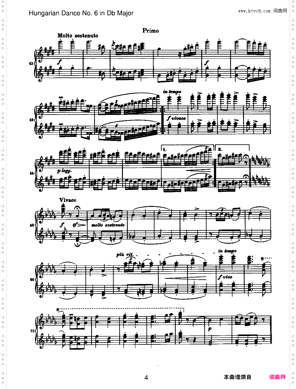 21首匈牙利舞曲 21 Hungarian Dances四手联弹Brahms Hungarian Dance 06 in Db duet