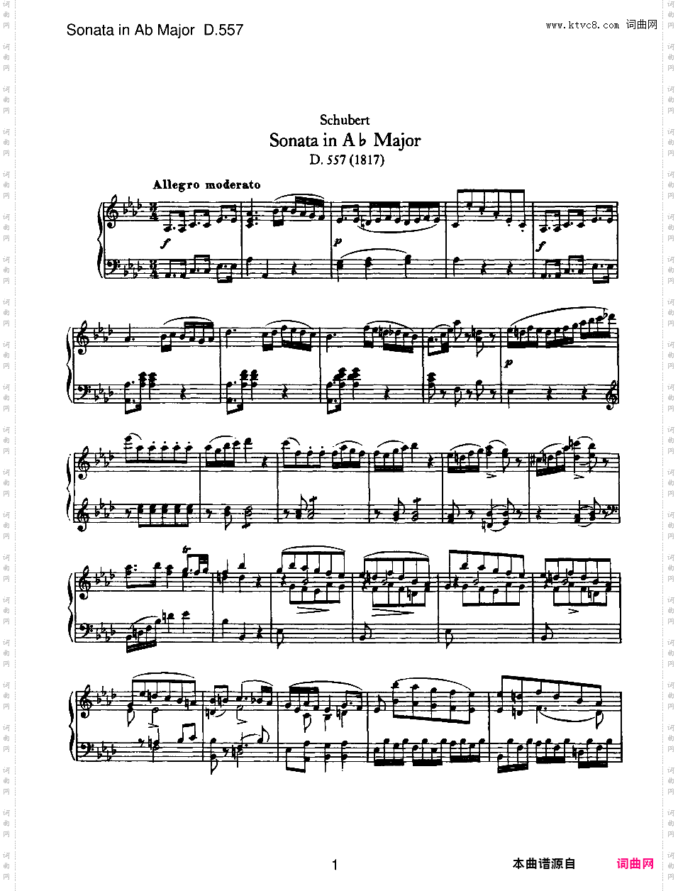降A大调第五钢琴奏鸣曲 Piano Sonata No·5 in A-flat Major D·557