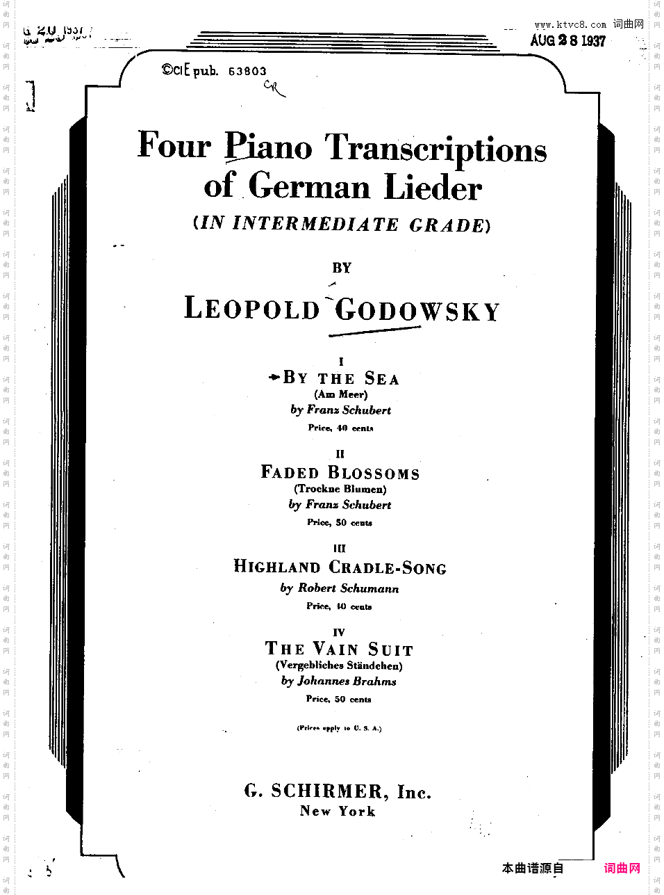 改编舒伯特钢琴曲集Schubert-GodowskySchubert-Schumann-Brahms-Godowsky Four German Songs Intermediate