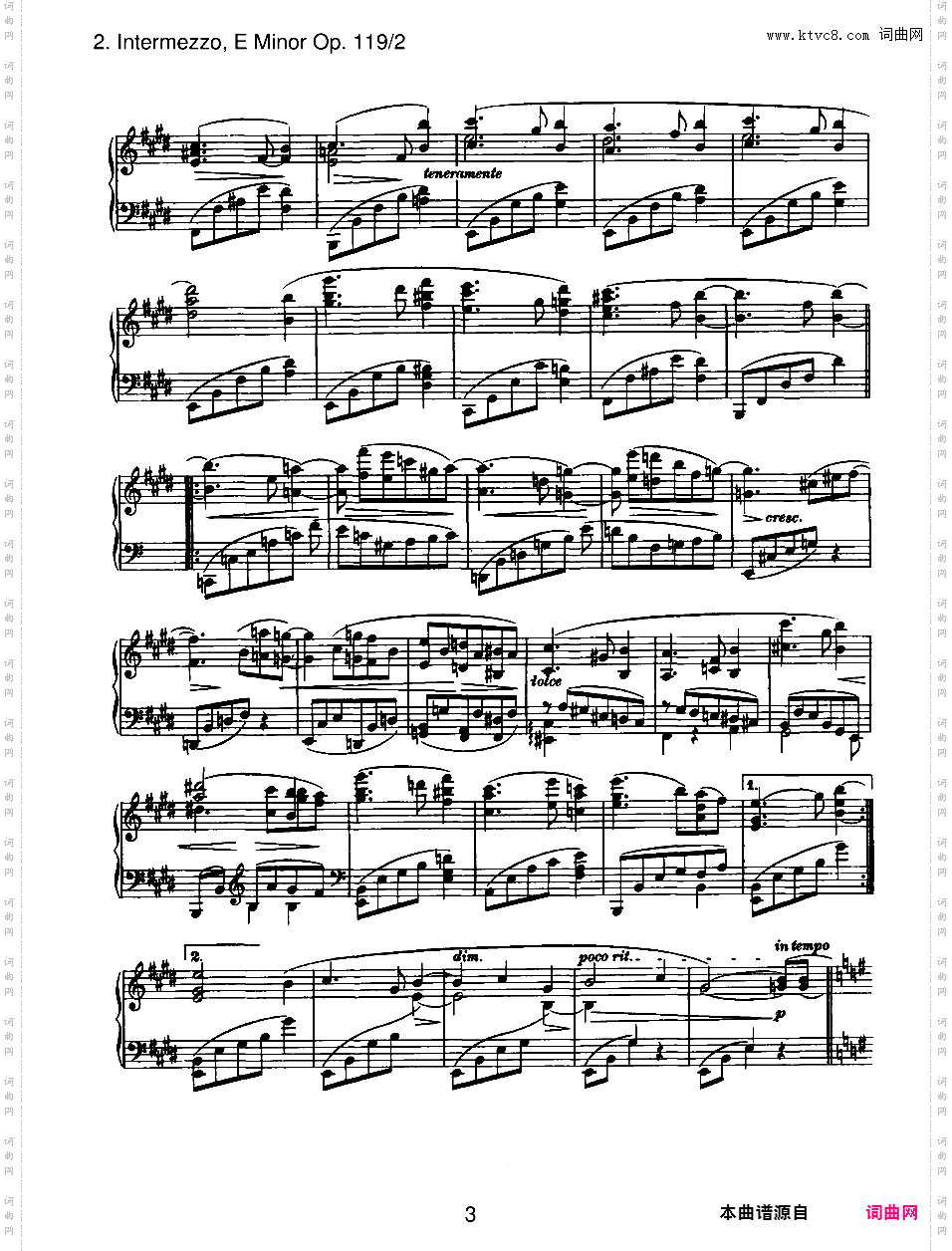 4首钢琴曲 4 Piano Pieces Op·119Brahms op119n2 Intermezzo in e