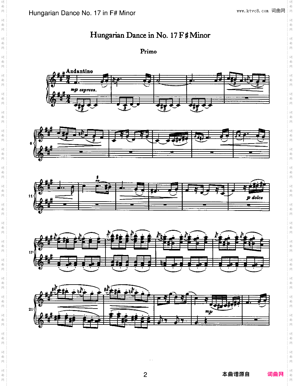 21首匈牙利舞曲 21 Hungarian Dances四手联弹Brahms Hungarian Dance 17 in F# duet