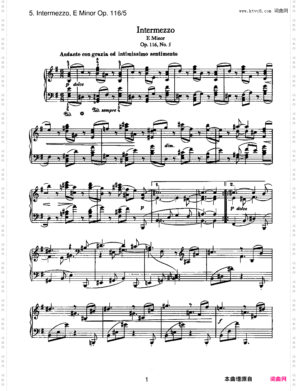 幻想曲集 Fantasien Op·116Brahms op116n5 Intermezzo in e
