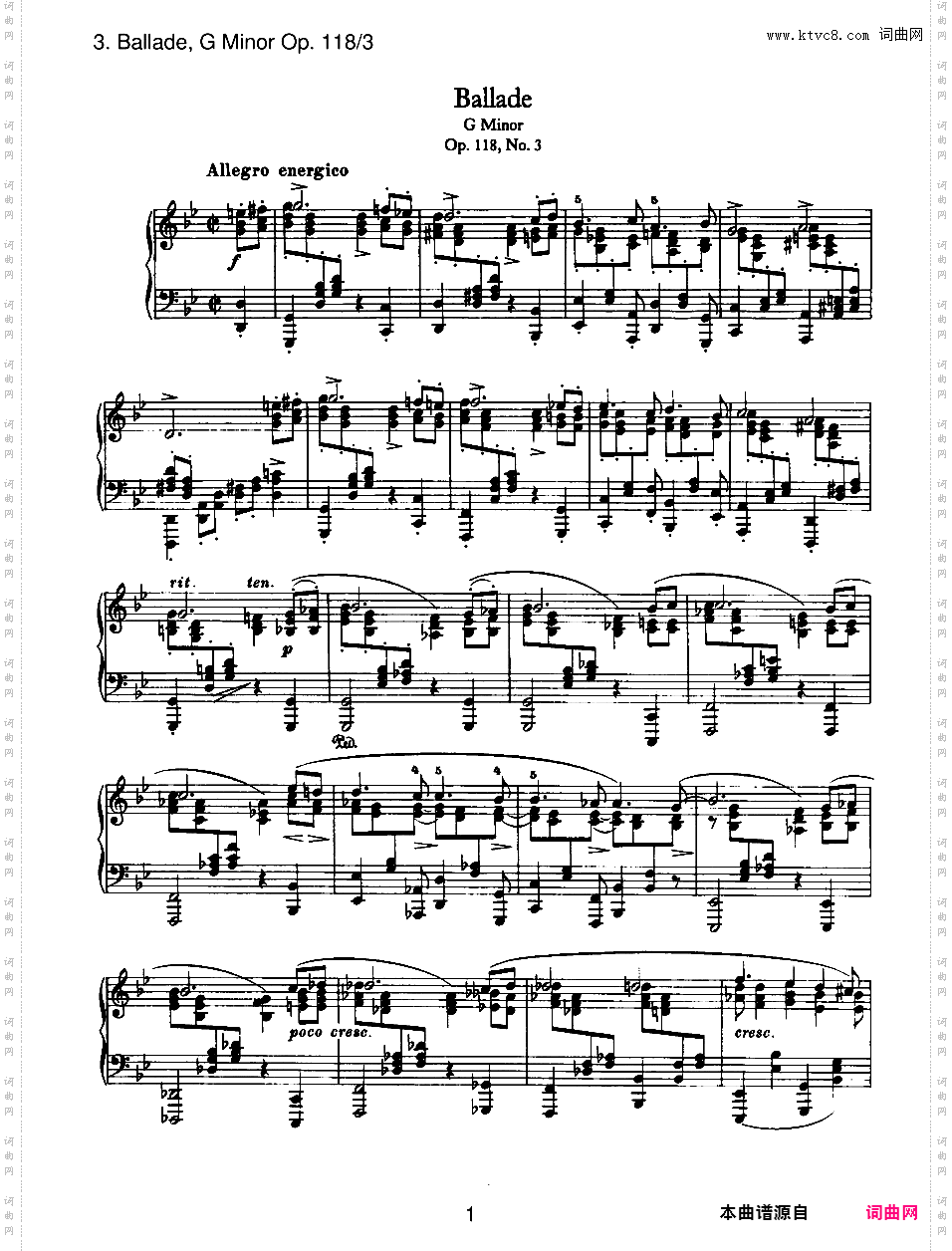 6首钢琴曲 6 Piano Pieces Op·118Brahms op118n3 Ballade in g
