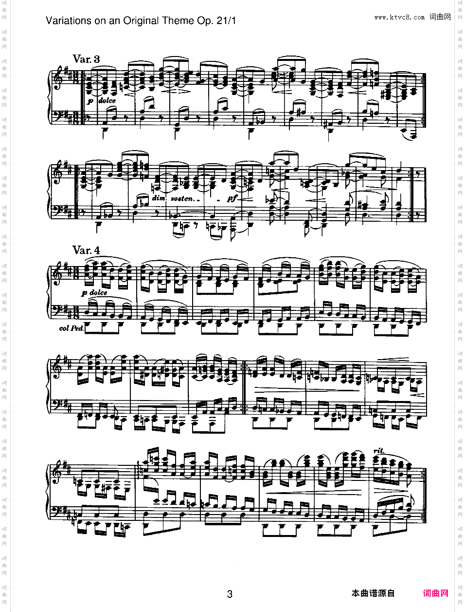 D大调原创主题变奏曲 Variations on an Original Theme Op·21-1