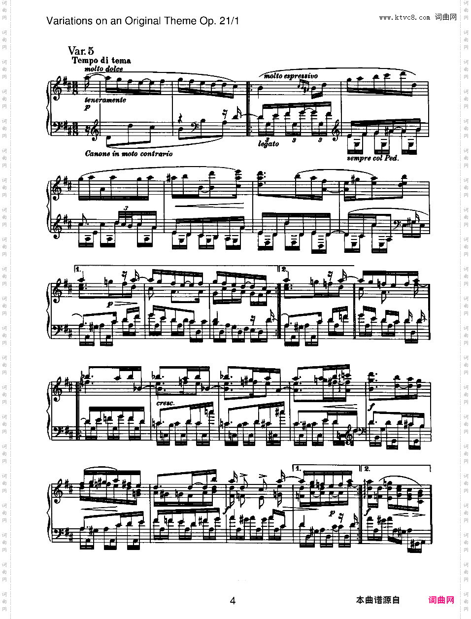 D大调原创主题变奏曲 Variations on an Original Theme Op·21-1