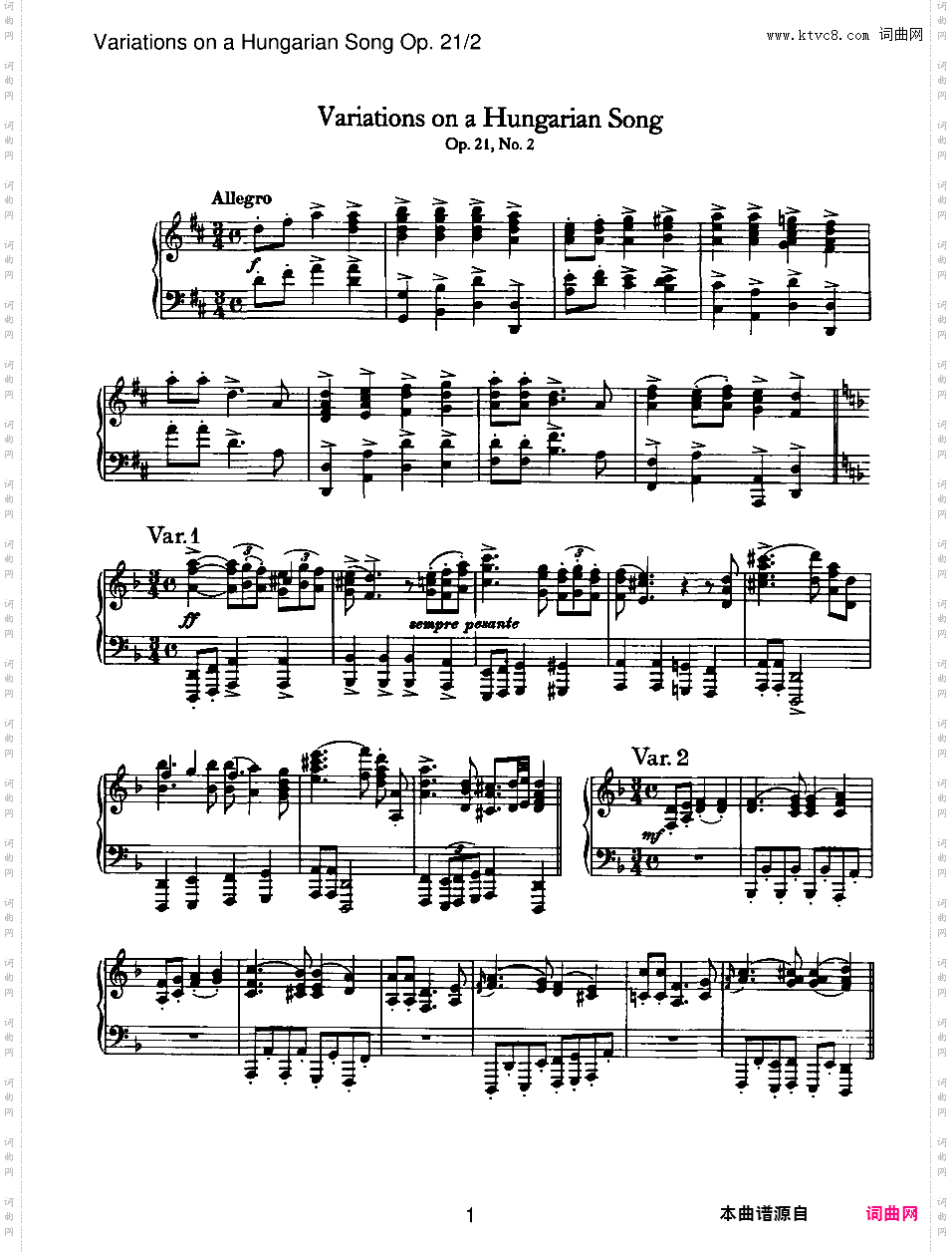 匈牙利主题变奏曲 Variations on a Hungarian Song Op·21-2