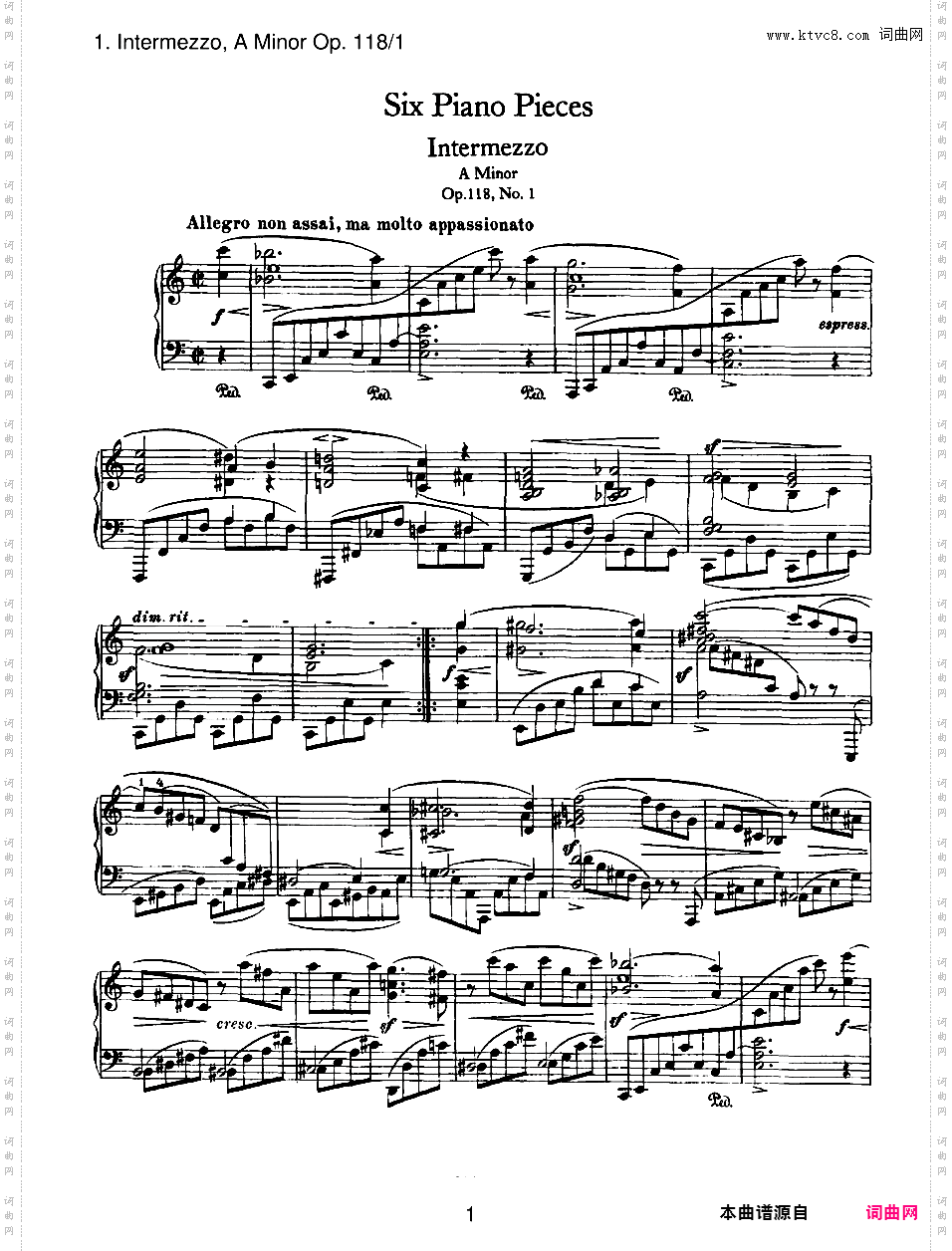 6首钢琴曲 6 Piano Pieces Op·118Brahms op118n1 Intermezzo in a