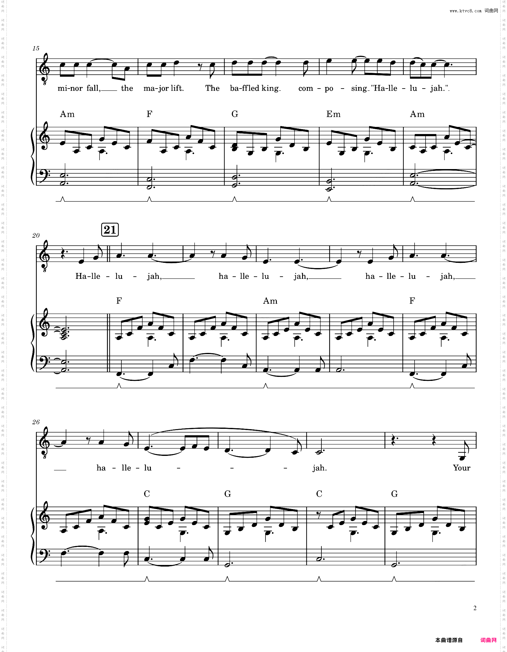 Hallelujah，**，原调带和弦标记人声，Rufus Wainwright版本，钢琴伴奏弹唱谱