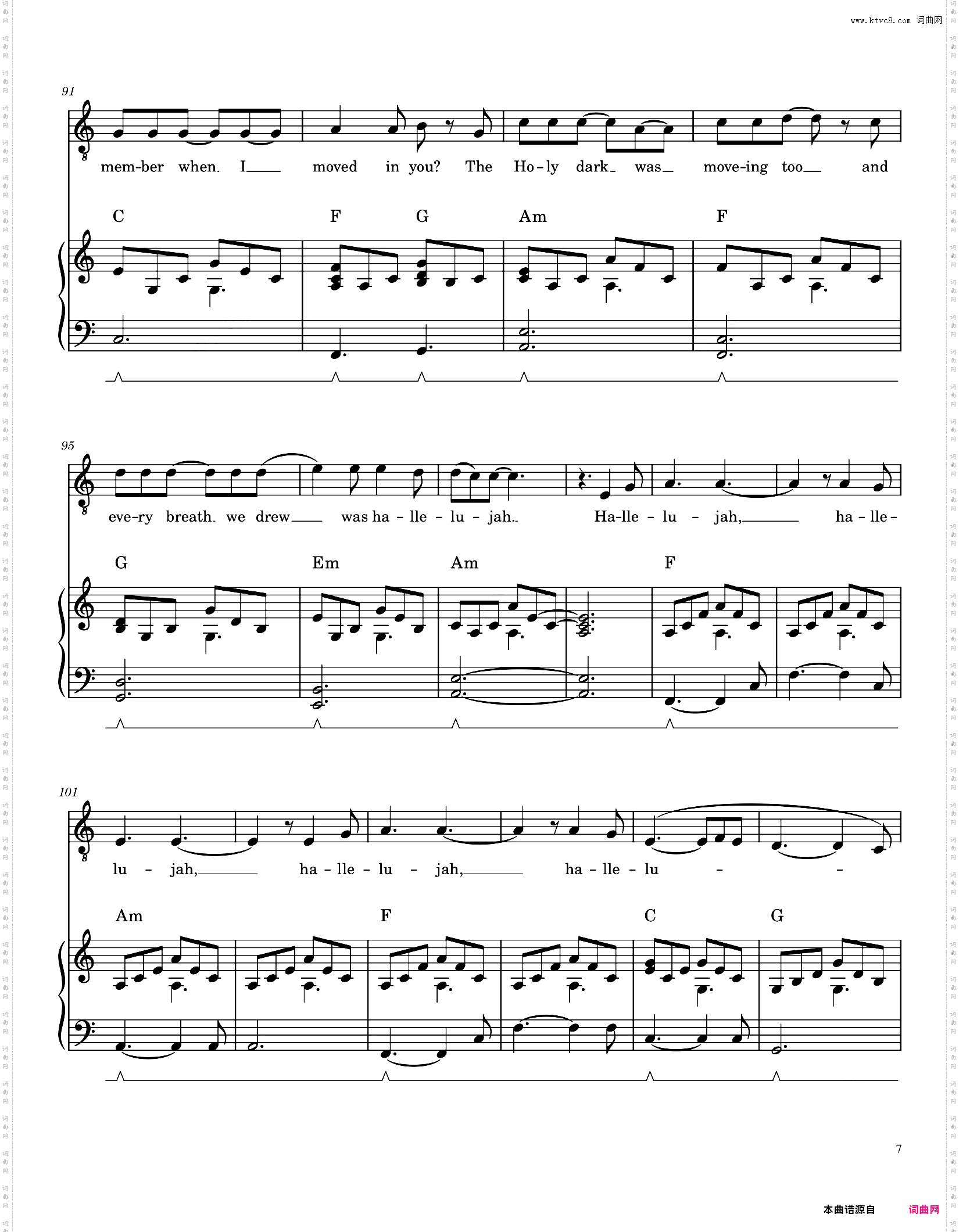 Hallelujah，**，原调带和弦标记人声，Rufus Wainwright版本，钢琴伴奏弹唱谱