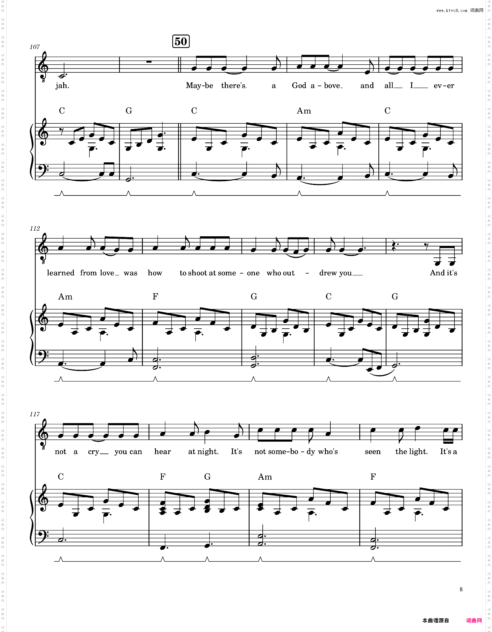 Hallelujah，**，原调带和弦标记人声，Rufus Wainwright版本，钢琴伴奏弹唱谱
