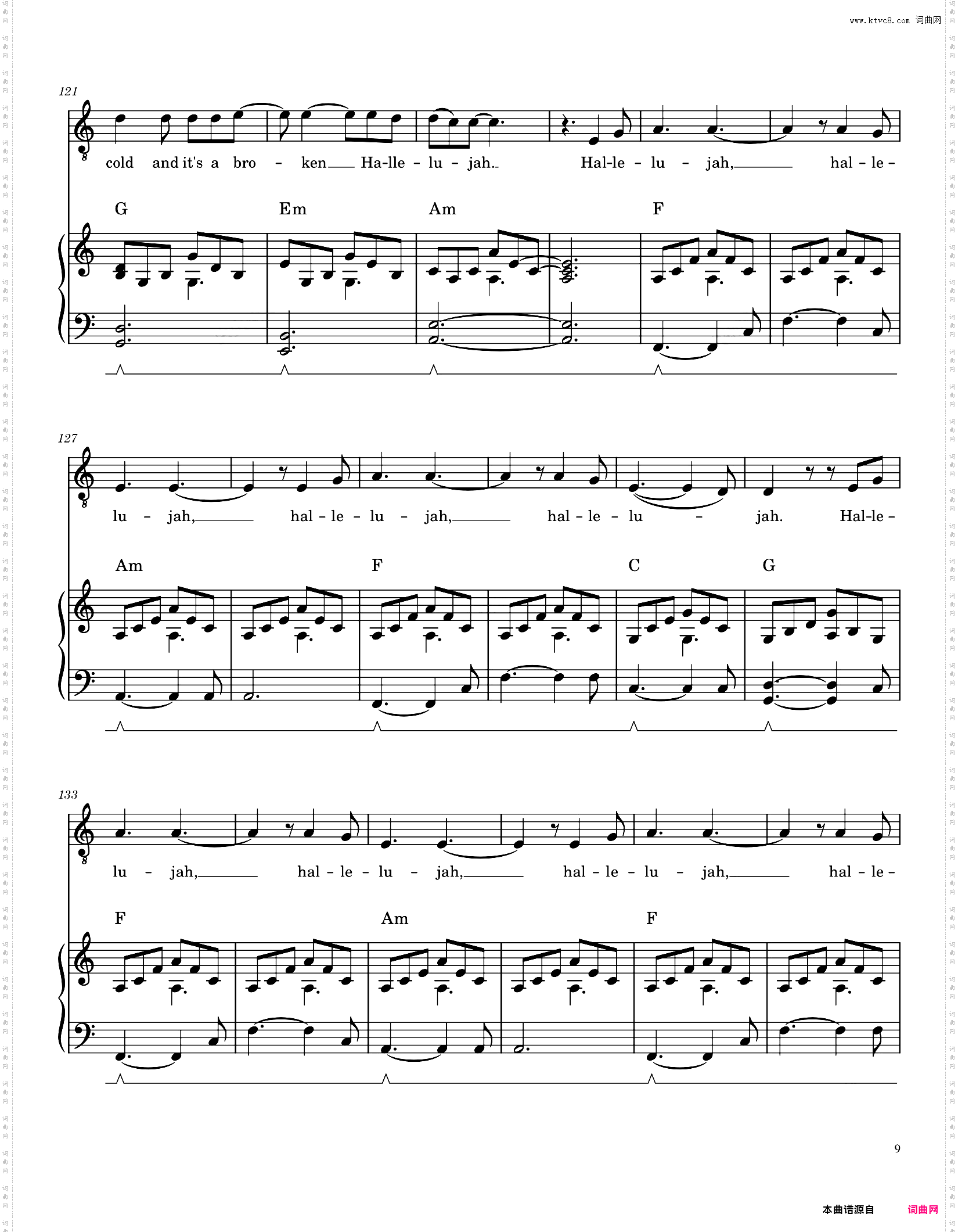 Hallelujah，**，原调带和弦标记人声，Rufus Wainwright版本，钢琴伴奏弹唱谱