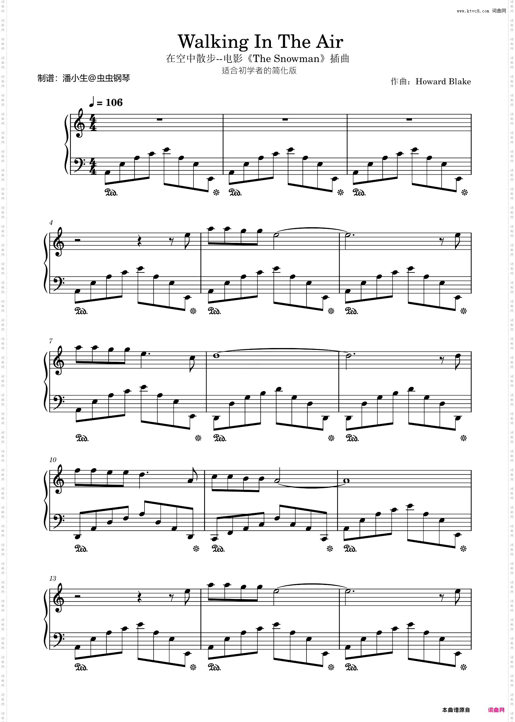 Walking In The Air 在空中散步_钢琴C调简单版，电影《The Snowman》插曲