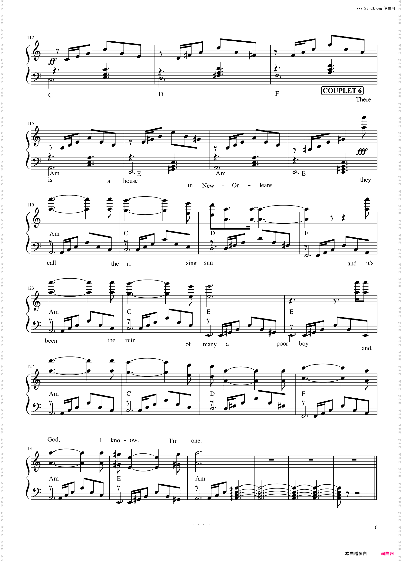 The House of the Rising Sun_Single Version 钢琴谱