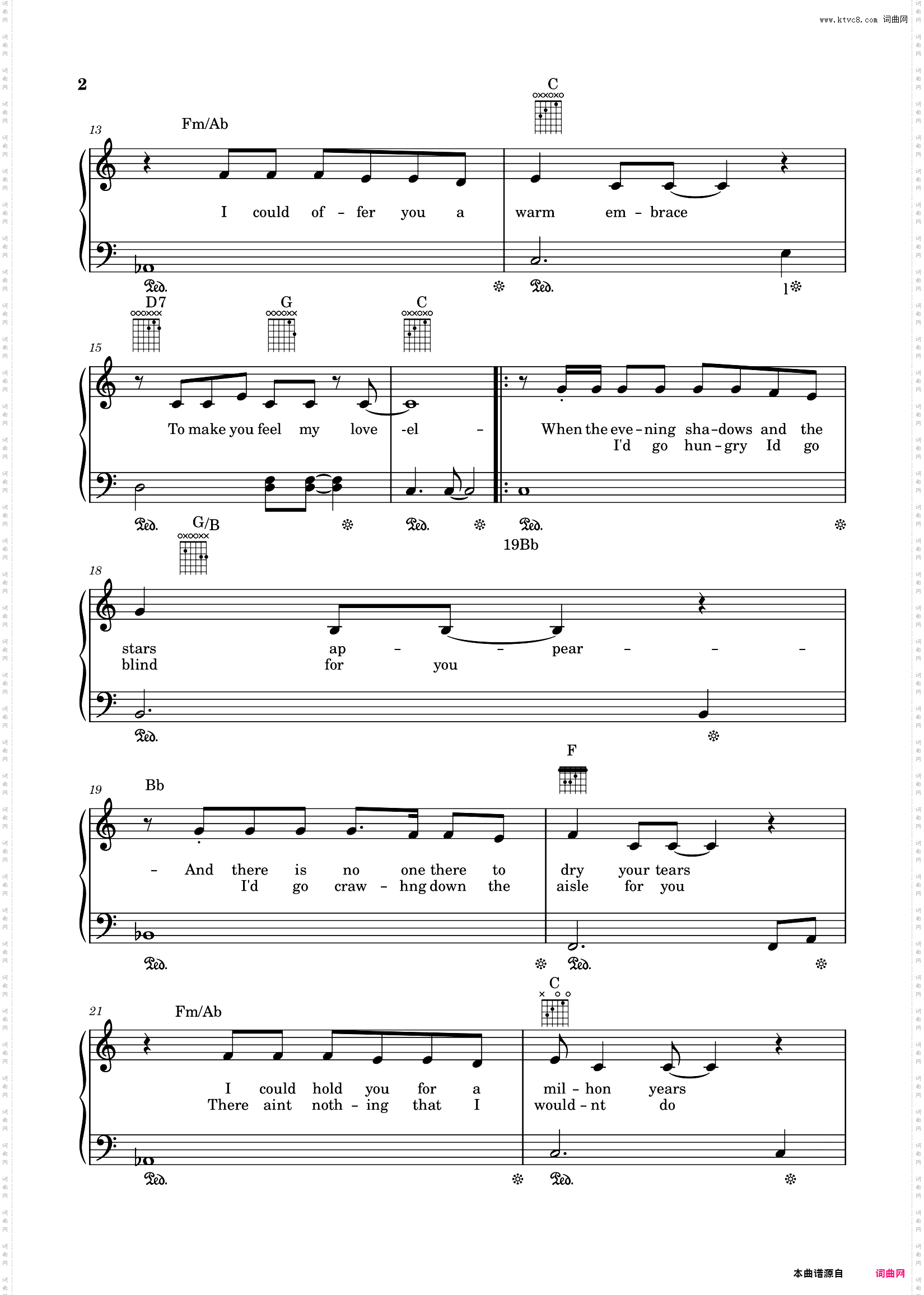 Make You Feel My Love，C大调独奏谱，带歌词和弦，Bob Dylan，阿黛尔Adele